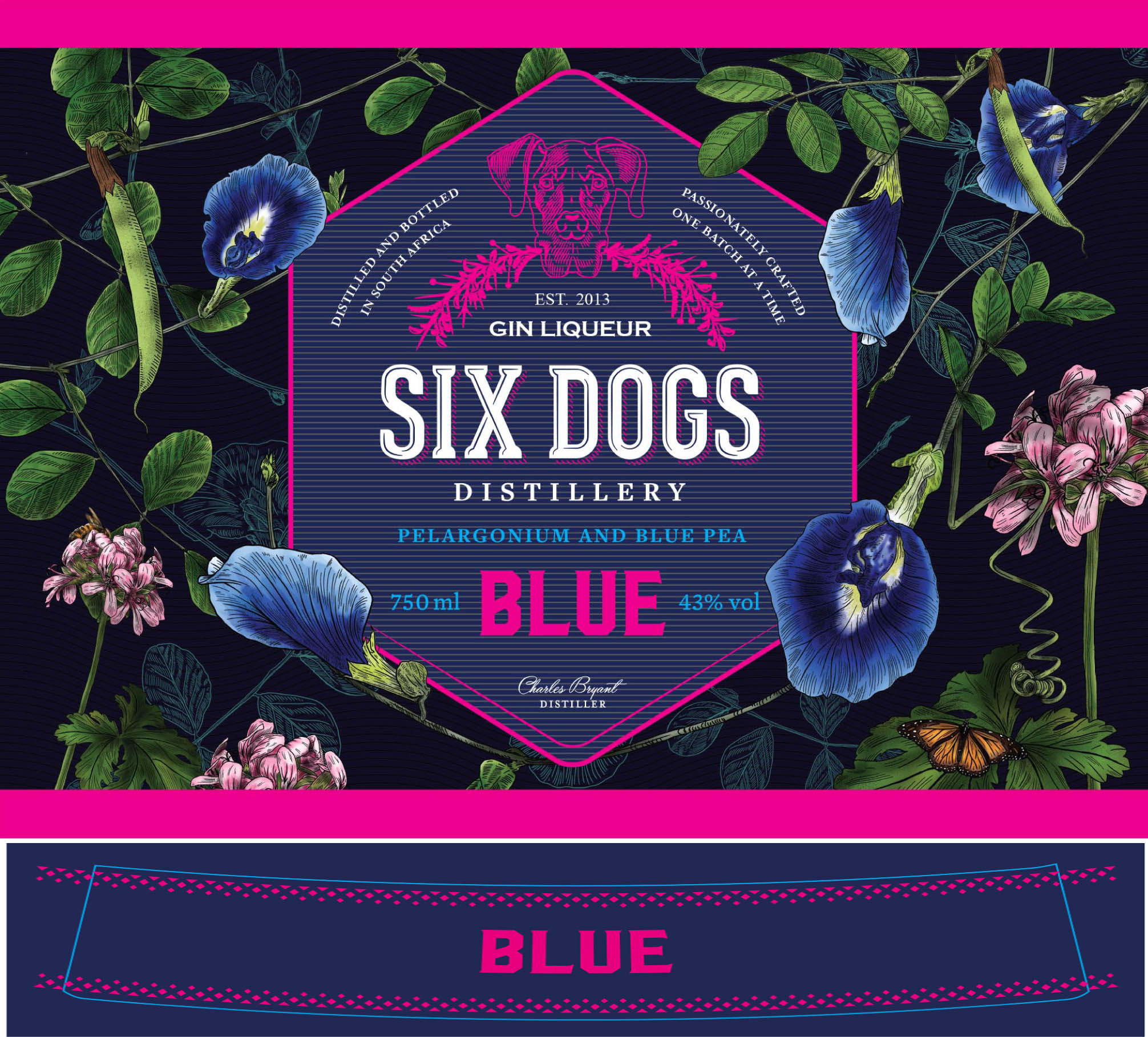 Six Dogs - Blue Gin label